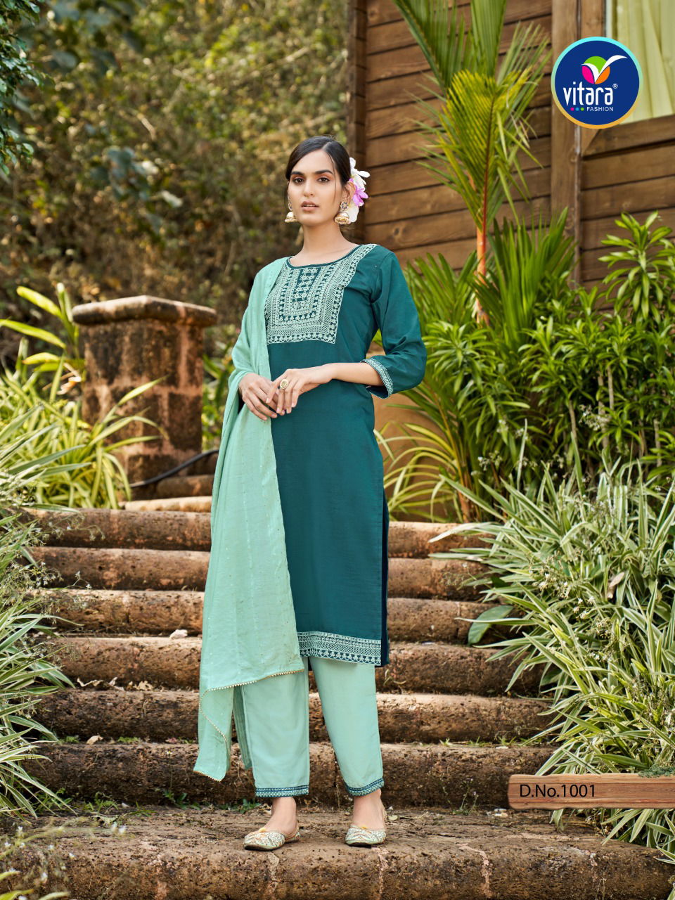 Vitara Vrinda Festive Wear Pure Chinon Designer Kurti With Pant And Dupatta Readymade Collection